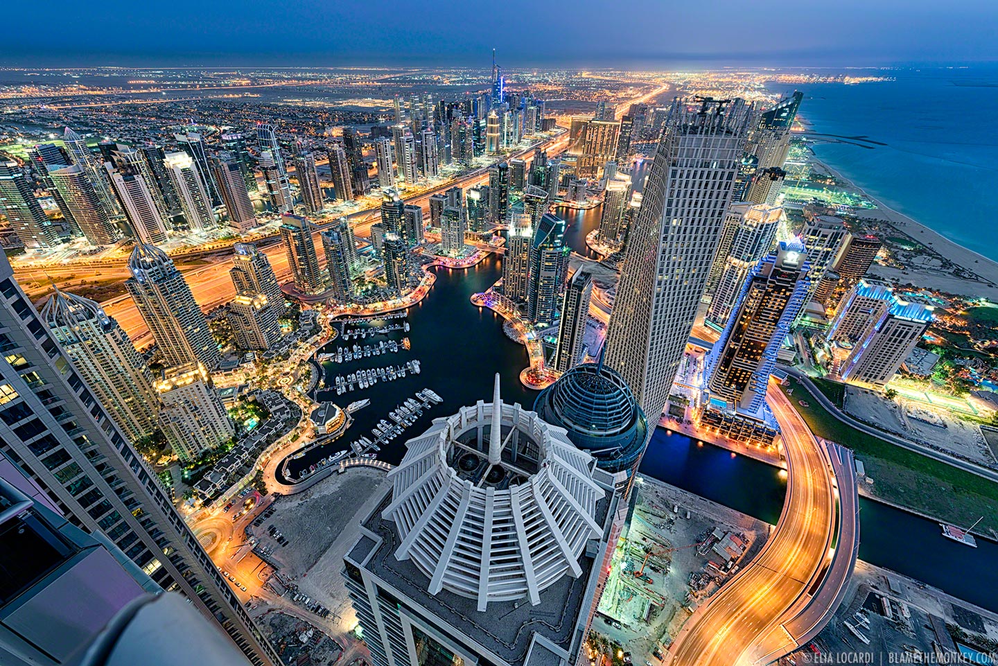 A staggering twilight view of the Dubai Marina from the 85th floor.